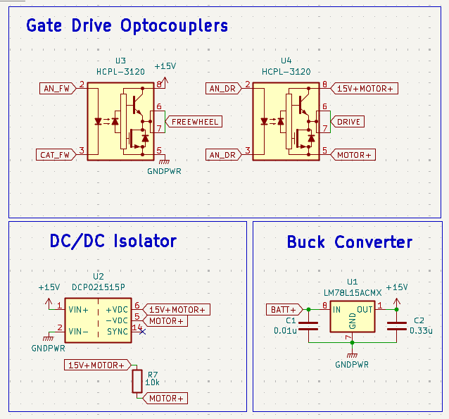 Optocouplers, isolated DC-to-DC converter and buck regulator used by the gate drive